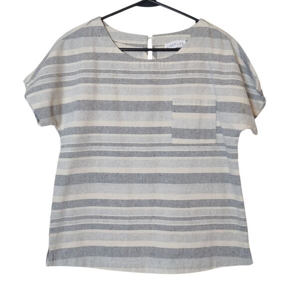 Linen Lux Tops - Linen Lux Australia Cotton Linen Gray Stripes Short Sleeve Top XS